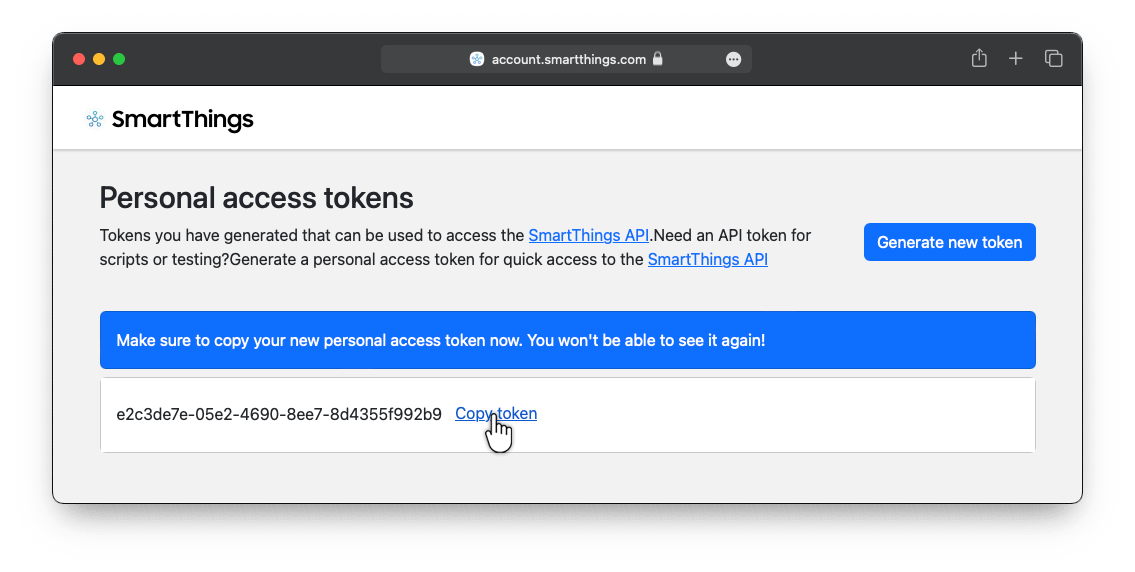 SmartThings Generate token